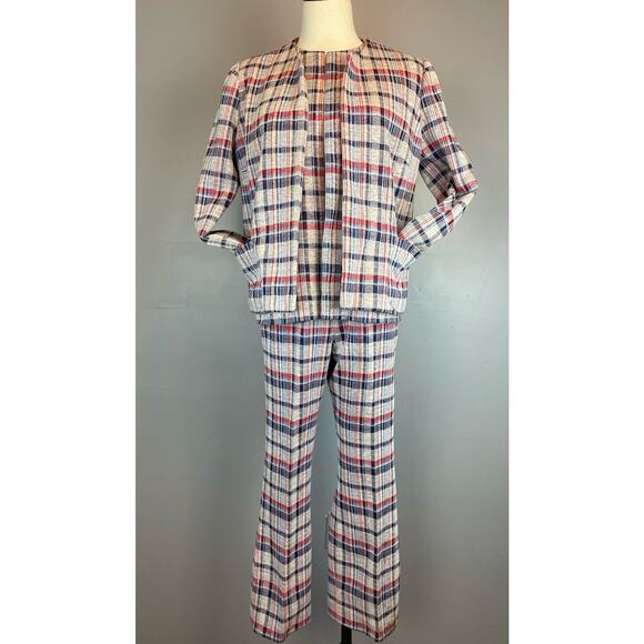 Vintage 1960s Plaid Polyester 3 Piece Suit Summer Winter Small - Picture 1 of 15